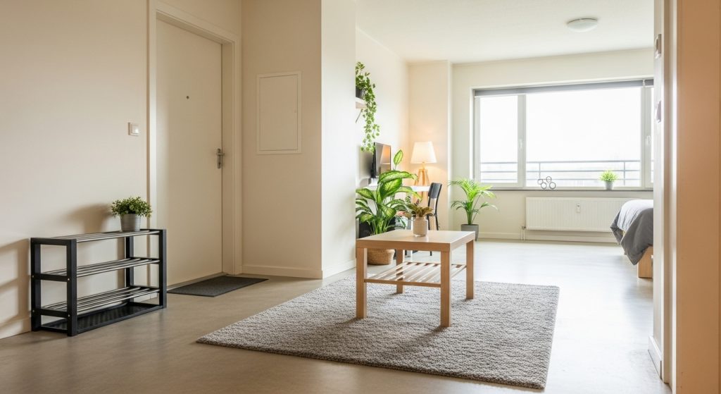 Minimalist Decor for Studios: Space Saving Tips You’ll Love 9  A studio with a tidy floor, a small neutral rug under a coffee table, and a slim shoe rack by the door. The open floor space feels inviting and uncluttered.