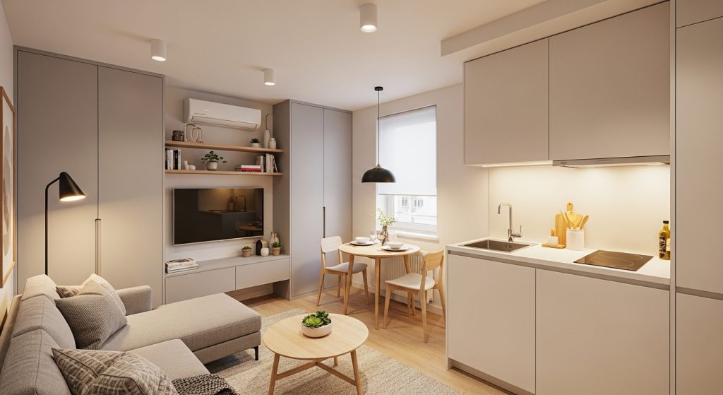  A wide-angle view of a perfectly organized small apartment with hidden storage, bright lighting, neutral tones, and cozy modern decor, creating a clean and inviting atmosphere.
