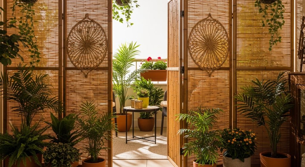 20 Creative Balcony Decoration Ideas You Can Try on a Budget 13 
A bamboo privacy screen dividing a balcony space surrounded by lush plants, illuminated by dappled sunlight, showcasing natural woven textures and creating a serene hidden oasis.