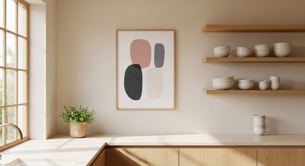 A minimalist kitchen with light walls, a single framed art piece, and uncluttered shelves creating a clean, airy look.
