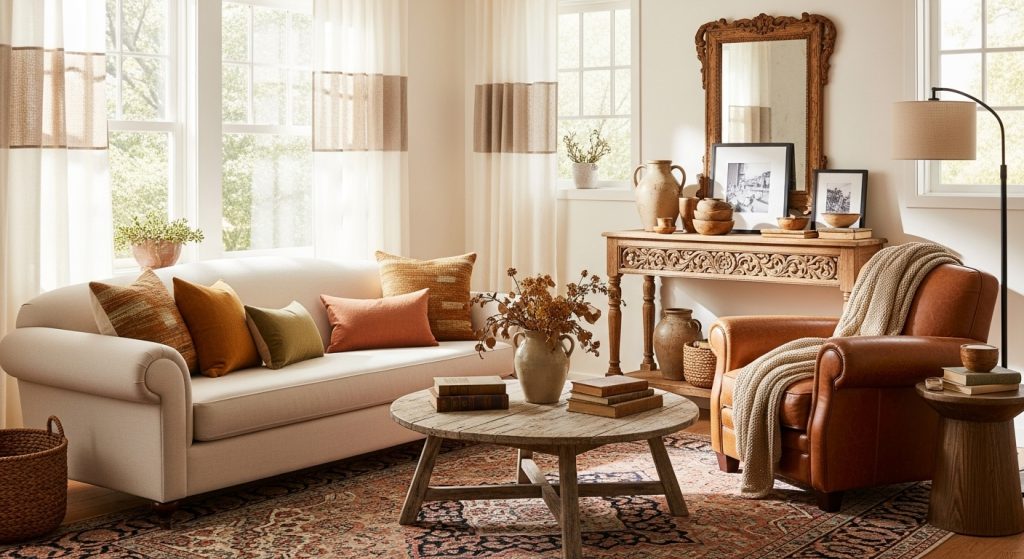 Vintage Style Interior on a Budget: Timeless Decor Tips 10 ALT Text:
A bright and cozy living room featuring vintage furniture, layered textures, and abundant natural light, creating a timeless and inviting atmosphere.
