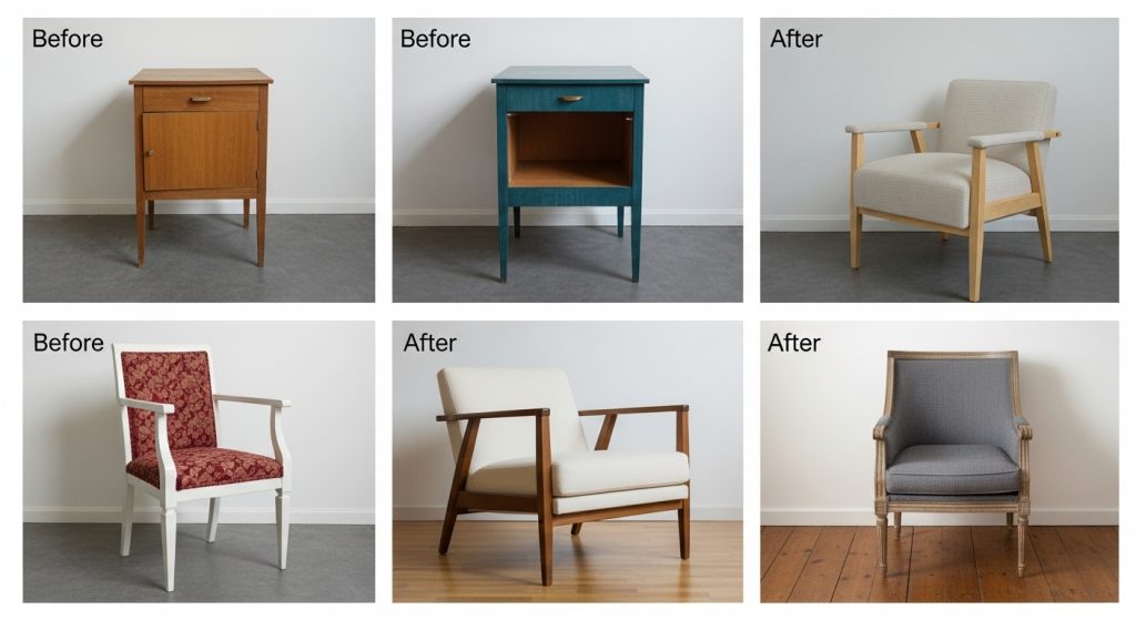 5 Recycled Furniture Design Ideas to Give Old Pieces New Life 7 Here’s ALT text for that image:
**“Collage showing before-and-after recycled furniture projects including tables, shelves, and chairs transformed into stylish, restored pieces.”**