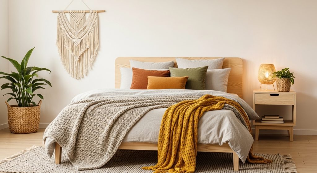 Boho Bedroom Decor on a Budget: Cozy & Chic Style for Less 2 A minimal Boho bedroom with cream walls, light wood furniture, and layered neutral textiles accented by colorful pillows and throws for a balanced, cozy look.