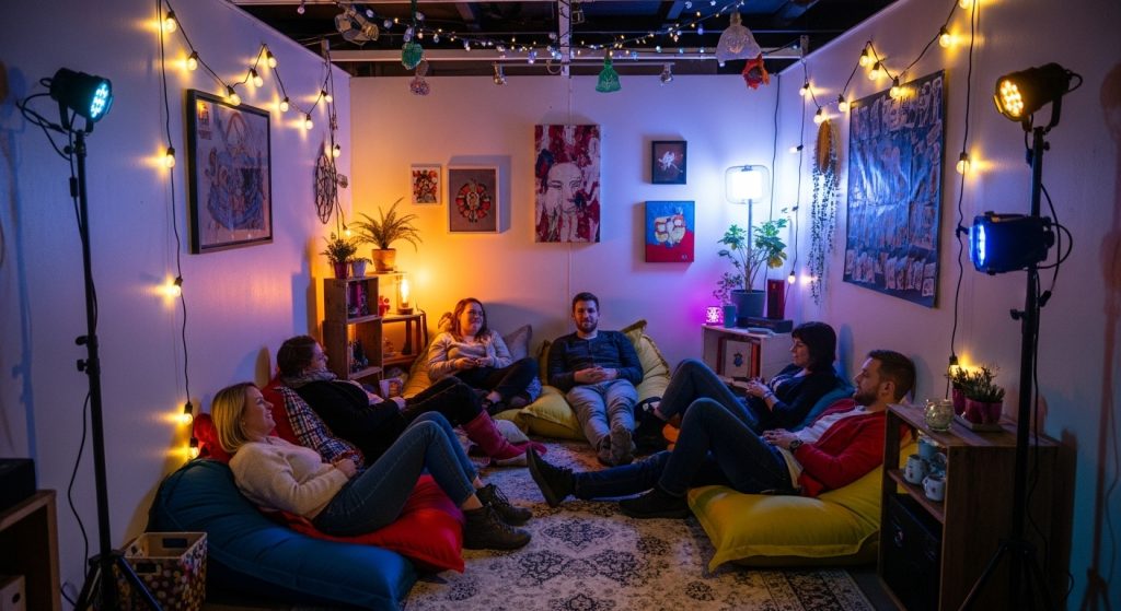 Creative Lighting Ideas for Small Room That Instantly Transform Your Space 15 ALT Text:
A vibrant small room fully illuminated with layered creative lighting, showing people relaxing happily in a cozy setting — beautiful overall transformation, eye-catching warm glow, and an amazing inspiring finale.