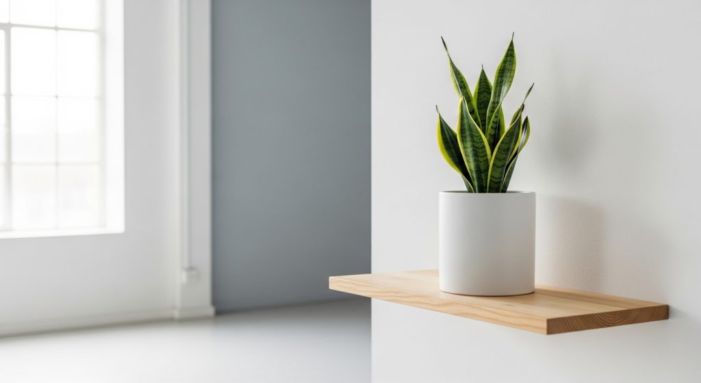 Minimalist Decor for Studios: Space Saving Tips You’ll Love 8 
A minimalist studio corner featuring a single snake plant in a sleek white pot on a wooden shelf, with a bright, tidy background softly lit by natural light.