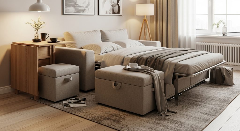 Minimalist Decor for Studios: Space Saving Tips You’ll Love 4 
A stylish studio featuring a modern sofa bed in neutral tones, a foldable wooden dining table against the wall, and an ottoman with hidden storage, illuminated by soft lighting for a spacious, functional feel.