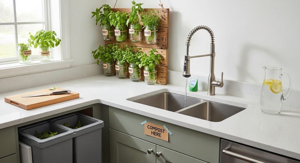 Eco Friendly Home Interior: Natural Ways to Decorate Sustainably 9 ALT Text:
A sustainable kitchen scene featuring compost bins, indoor herbs growing in recycled jars, and a water-saving faucet setup, promoting eco-friendly living.