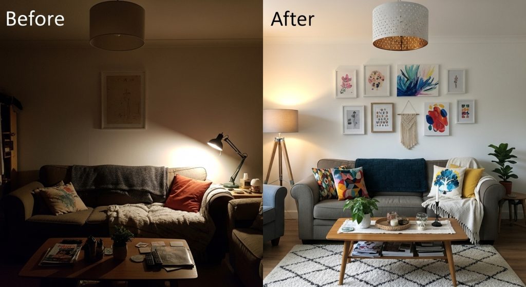 Budget Friendly Home Makeover Ideas You Can Try This Weekend 1 A cozy living room before-and-after transformation featuring affordable décor, DIY wall art, and updated lighting for a refreshed, inviting look.*