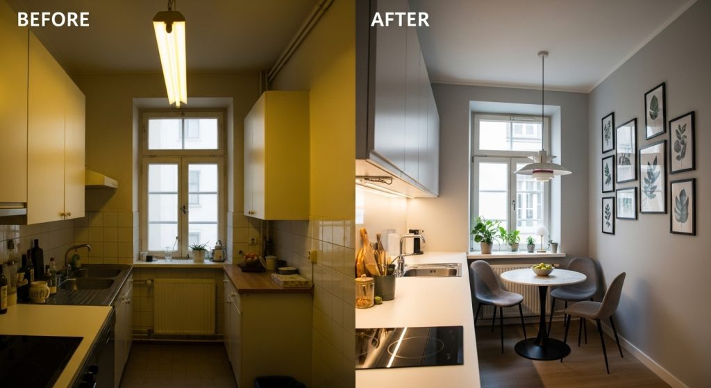 Before-and-after view of a small kitchen makeover showcasing upgraded wall décor and improved lighting for a modern, refreshed look.
