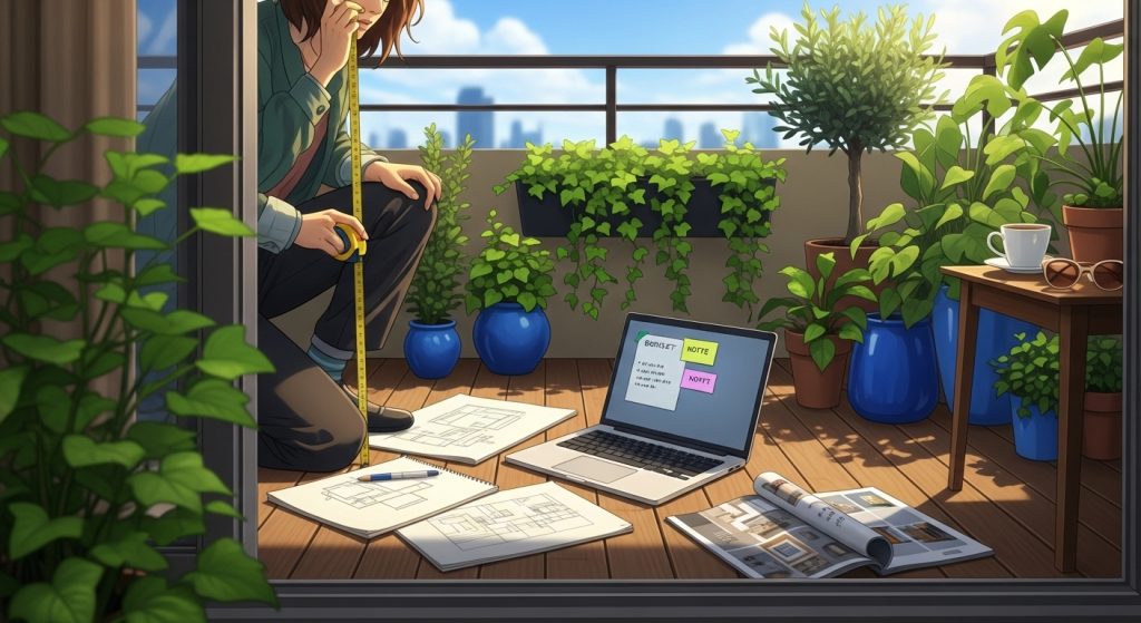 20 Creative Balcony Decoration Ideas You Can Try on a Budget 2 
A person measuring a sunny balcony with a tape measure, surrounded by sketch pads and budget notes, under bright blue skies with green accents, capturing an inviting and creative planning vibe.