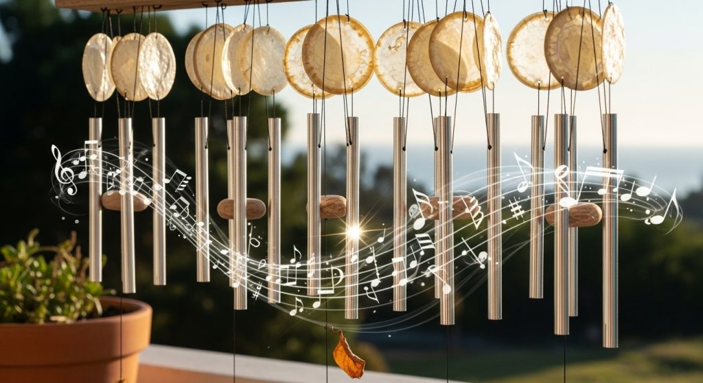 20 Creative Balcony Decoration Ideas You Can Try on a Budget 16 
Delicate wind chimes swaying on a balcony, catching sunlight and sparkling in the breeze, creating a visually soothing and melodious atmosphere.