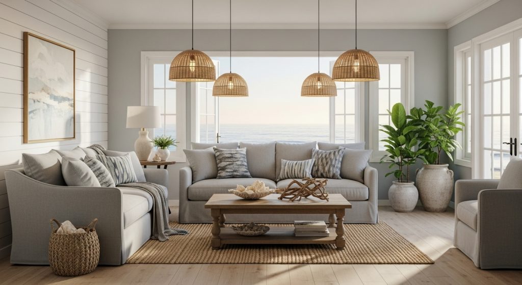 Coastal Home Styling: Calm & Beachy Decor Inspiration 6 
A coastal-style living room illuminated by warm pendant lights and natural evening sunlight streaming through open windows, creating a cozy, inviting seaside ambiance.