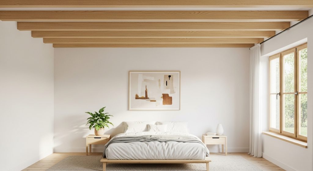 Simple Ceiling Decor Design That Transforms Any Room 2 A serene bedroom with a light wooden beam ceiling, white walls, natural daylight, and minimal decor for a calm, airy feel.