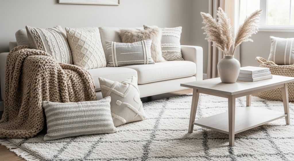 Budget Friendly Home Makeover Ideas You Can Try This Weekend 7 A neutral-toned living space with textured throw pillows, a cozy blanket, and a soft area rug creating a warm, inviting atmosphere.