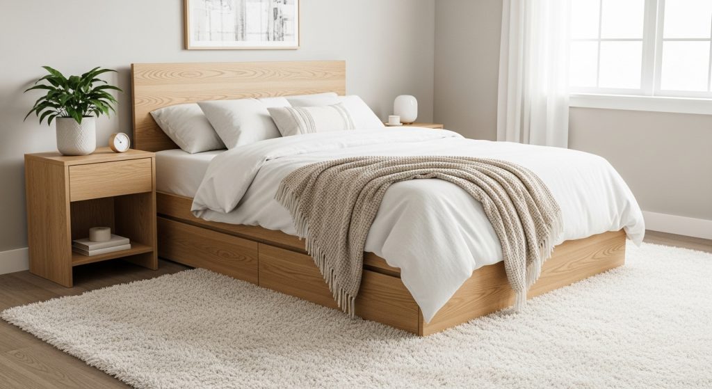  A modern apartment bedroom with a bed featuring under-bed drawers, neutral tones, and a cozy rug, showcasing stylish and smart storage design.
