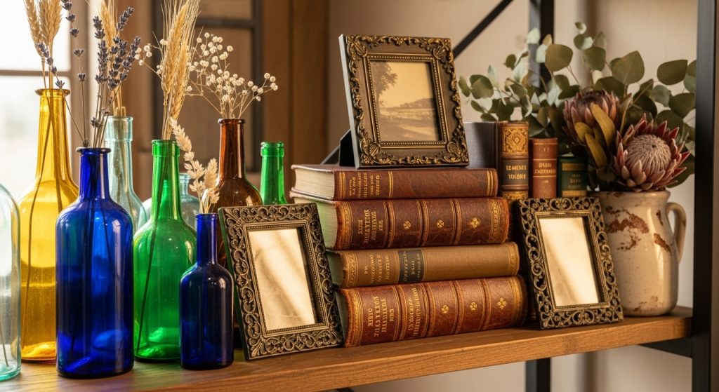 Vintage Style Interior on a Budget: Timeless Decor Tips 6 
A decorative shelf styled with vintage books, framed photos, old glass bottles, and dried flowers, creating a warm and nostalgic vintage aesthetic.