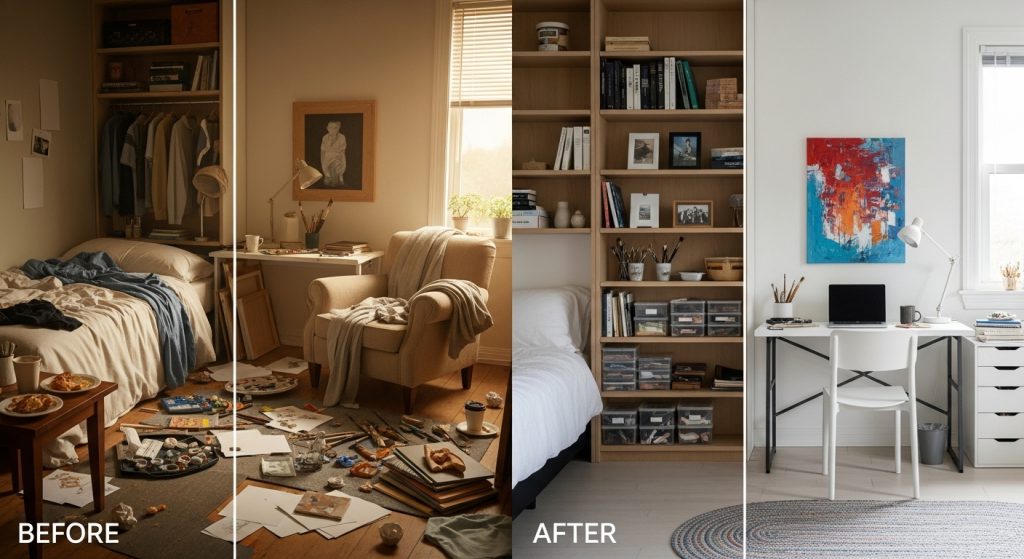 Minimalist Decor for Studios: Space Saving Tips You’ll Love 2 
A before-and-after comparison of Sarah’s studio, showing a cluttered space with scattered clothes and art supplies on the left, and a neat, organized room with shelves, a foldable desk, and a vibrant painting on the right.
