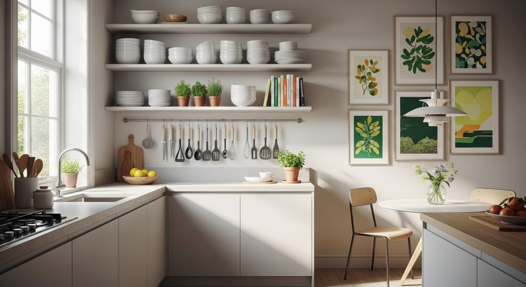 A bright modern small kitchen with open shelves, hanging utensils, and art prints adding depth and warmth to the space.
