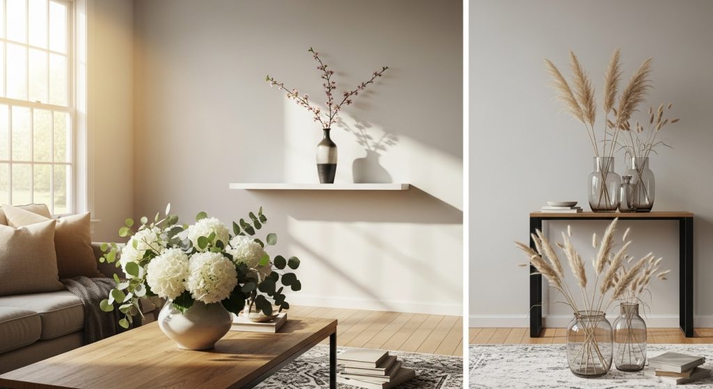 
A bright living room with natural light streaming in, showcasing various vase placements on a coffee table, shelf, and console table for a balanced and stylish décor arrangement.
