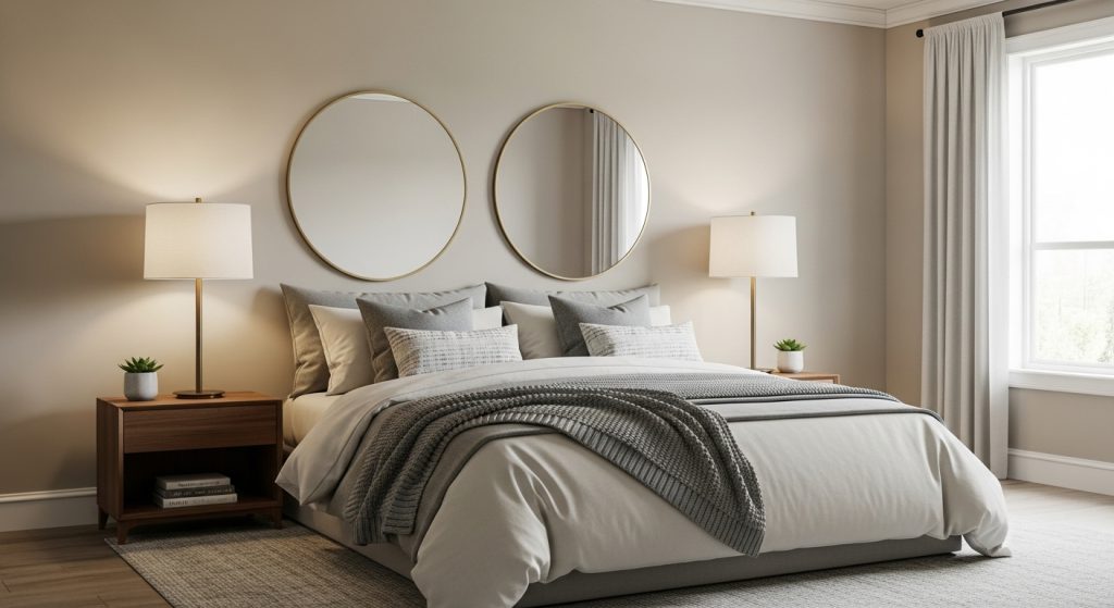Mirror Decoration Ideas for Bedroom: Brighten Up Your Space 9 **“Modern bedroom with twin mirrors behind bedside lamps, featuring soft lighting, neutral bedding, and elegant decorative accents.”**