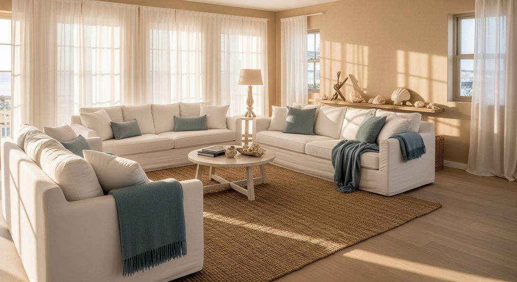 Coastal Home Styling: Calm & Beachy Decor Inspiration 2 
A coastal-inspired open-plan living space with natural fiber rugs, white slipcovered sofas, and soft blue throws, softly illuminated by gentle morning light for a relaxed seaside ambiance.