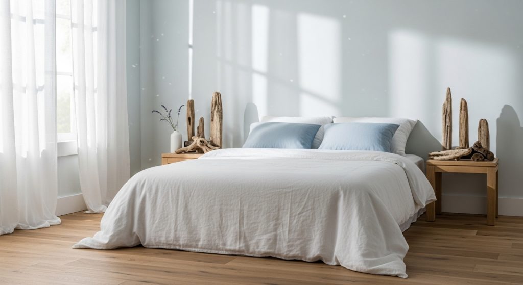 Coastal Home Styling: Calm & Beachy Decor Inspiration 7 
A serene bedroom with crisp white bedding, pale blue cushions, and driftwood décor, softly lit by natural morning light filtering through sheer white curtains for a calm, coastal feel.