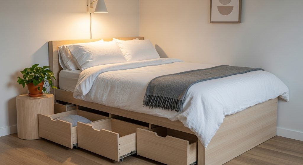 A modern small bedroom with a raised bed featuring pull-out drawers, clean bedding, soft lighting, and minimal decor for a cozy, organized look.
