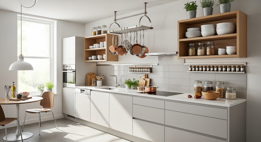  A compact modern kitchen featuring hanging pot racks, overhead shelves, and sleek organization, creating a bright, stylish, and functional space.
