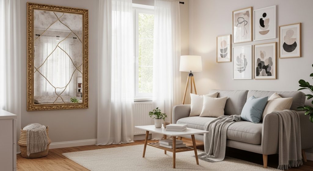 A small stylish apartment featuring a large decorative wall mirror that reflects natural light, creating a bright, cozy, and spacious feel.
