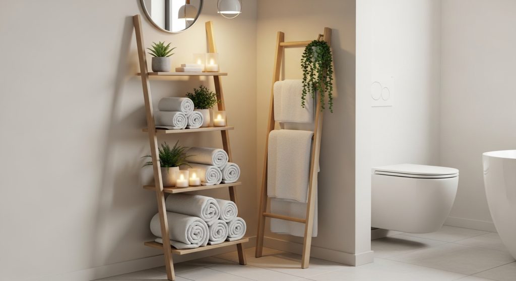 Creative Corner Decoration Ideas to Beautify Every Room 8 A minimalist bathroom corner with ladder shelves, rolled towels, candles, and small plants in neutral tones, creating a calm, spa-like atmosphere.