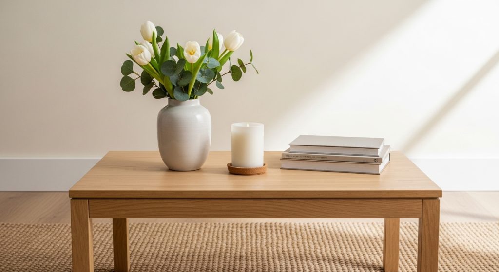 DIY Center Table Decor Ideas for Living Room 10 A cozy winter center table decorated with candles, wool textures, and pinecones, illuminated by warm seasonal lighting.