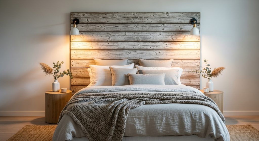 5 Recycled Furniture Design Ideas to Give Old Pieces New Life 6 Here’s ALT text for that image:
**“Serene bedroom with a reclaimed wooden headboard, warm lighting, and natural textures in soft neutral tones, styled in an elegant realistic design.”**