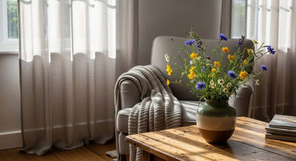 
A cozy living room corner bathed in soft sunlight, featuring a ceramic vase filled with wildflowers on a wooden table. Sheer curtains diffuse the light, creating a warm, natural, and inviting atmosphere.
