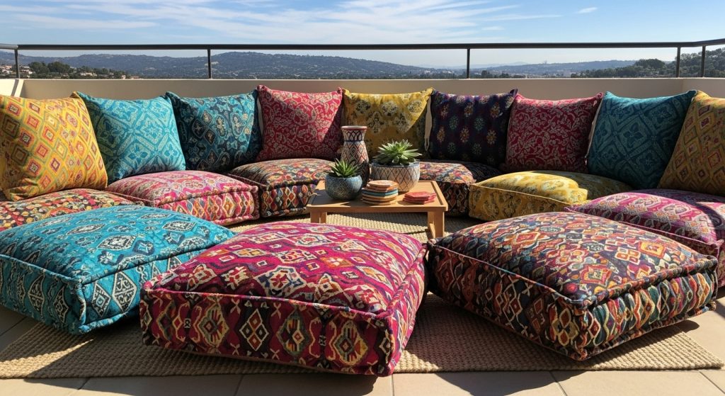 20 Creative Balcony Decoration Ideas You Can Try on a Budget 10 
Large, vibrant floor pillows arranged in a circle on a balcony rug under a clear sky, featuring beautiful patterns and soft textures that create a cozy, casual gathering spot.