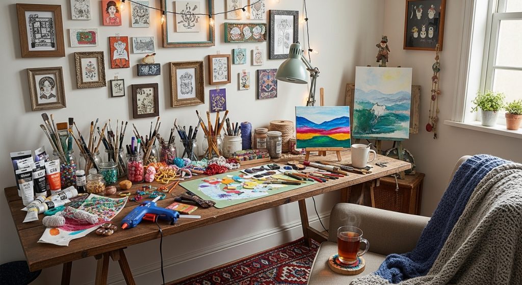 Budget Friendly Home Makeover Ideas You Can Try This Weekend 5 A cozy creative workspace featuring DIY art materials, paint brushes, and a finished gallery wall displayed in a small corner.