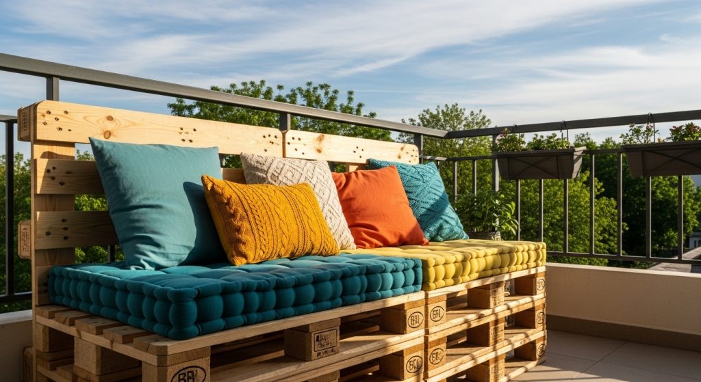 20 Creative Balcony Decoration Ideas You Can Try on a Budget 9 
A DIY bench made from stacked wooden pallets topped with colorful cushions on a sunny balcony overlooking greenery, showcasing natural wood textures and cozy, upcycled comfort.
