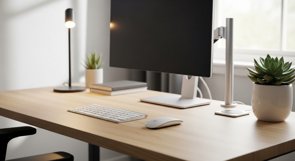 Minimalist Home Office Setup: Create a Productive & Calm Workspace 7 A clean and organized wooden desk featuring a wireless mouse, keyboard, and neatly hidden cables, with minimal gadgets creating a modern, clutter-free workspace.