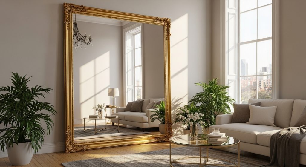 Budget Friendly Home Makeover Ideas You Can Try This Weekend 11 A stylish living room with a large wall mirror reflecting natural light, enhancing brightness and creating a spacious feel.