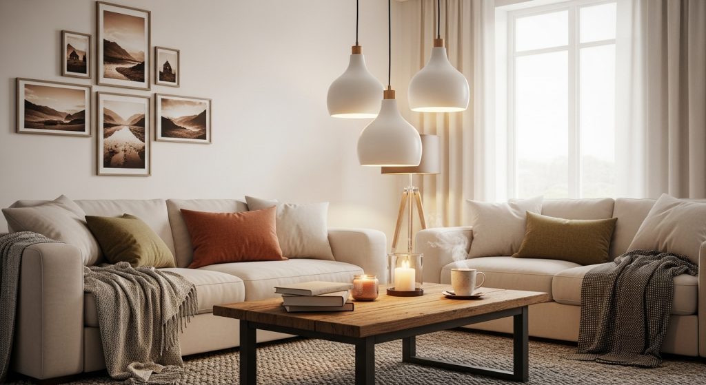 Simple Ceiling Decor Design That Transforms Any Room 8  A cozy living room with pendant lights hanging from a smooth white ceiling, casting gentle warm light that adds depth and comfort to the space.