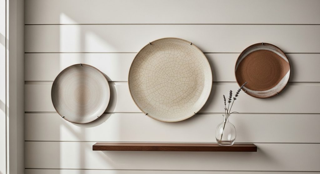 A modern farmhouse kitchen wall decorated with wooden boards and ceramic plates in soft neutral tones, creating a warm rustic charm.
