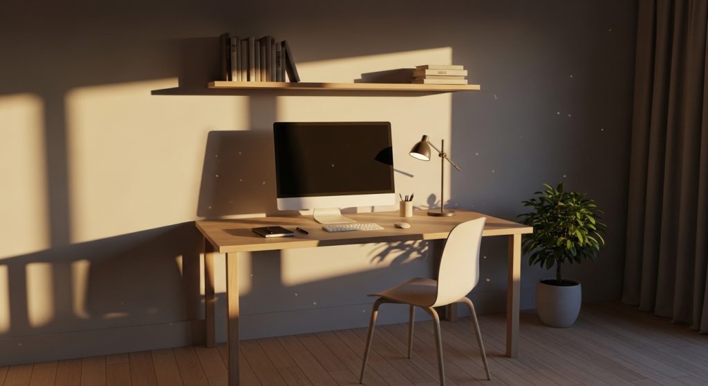 Minimalist Home Office Setup: Create a Productive & Calm Workspace 10 A serene minimalist office bathed in soft fading sunlight, with a tidy desk and neatly arranged items creating a calm, end-of-day atmosphere.