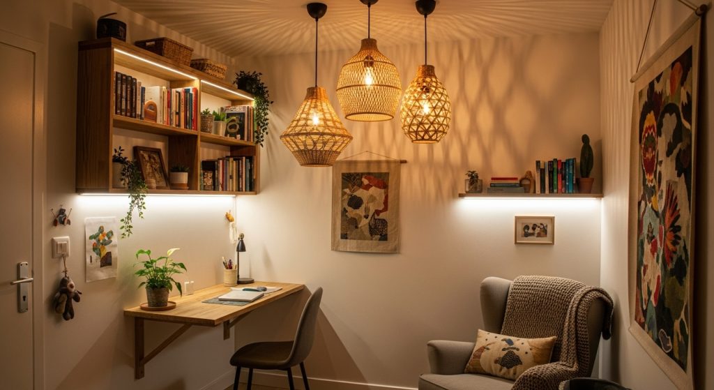 Creative Lighting Ideas for Small Room That Instantly Transform Your Space 13 Image Prompt for this paragraph: DIY lighting setup in small room with basket pendants and LED accents, beautiful handmade charm, eye-catching budget-friendly creativity, amazing personalized touch.