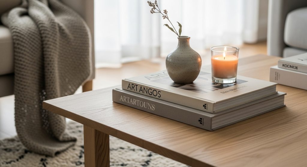 DIY Center Table Decor Ideas for Living Room 3 A modern coffee table decorated with stacked books, a small ceramic vase, and a candle, featuring soft tones, natural textures, and cozy lighting.