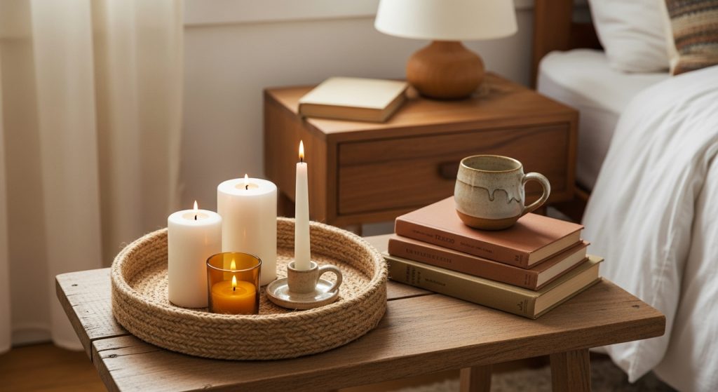 Boho Bedroom Decor on a Budget: Cozy & Chic Style for Less 9 A cozy Boho bedside setup with candles, a woven tray, books, and natural-toned décor, arranged thoughtfully for a warm and budget-friendly look.