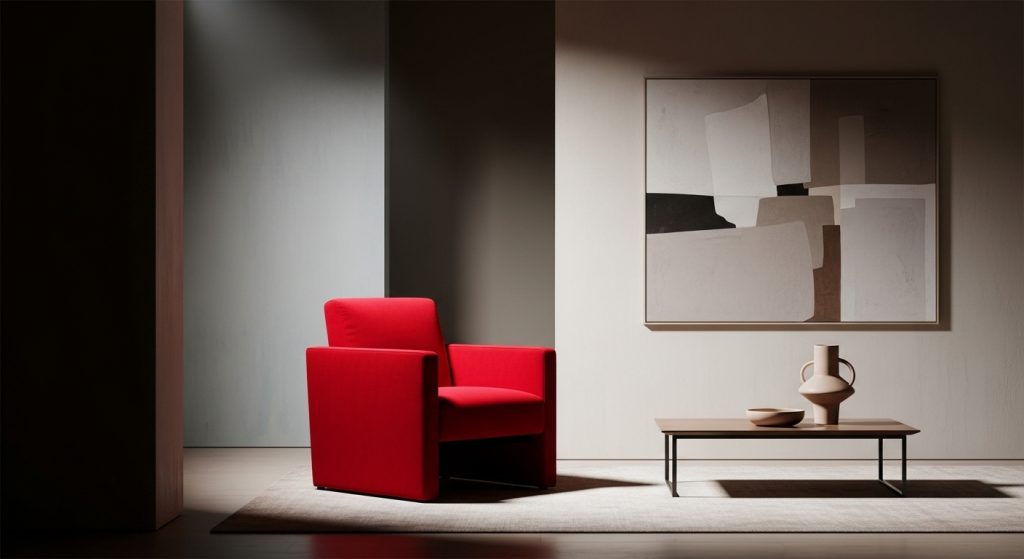Accent Furniture for Decor: Statement Pieces That Elevate Any Room 7 A bold red chair stands out as a statement piece in a neutral-toned modern living room, illuminated by dramatic lighting that highlights its striking shape and color. The artistic composition blends contemporary design with minimalistic elegance, creating a visually captivating and stylish interior scene.