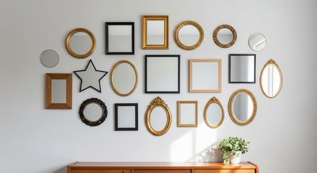 Mirror Decoration Ideas for Bedroom: Brighten Up Your Space 6 **“Bedroom wall decorated with assorted small mirrors in various shapes and frames, arranged artistically as wall art.”**