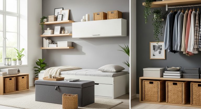 10 Small Apartment Storage Ideas That Actually Work 7 ALT Text: Bright modern small apartment with smart storage — floating shelves, hidden drawers, and multifunctional furniture in a clean, neutral, and well-lit design.