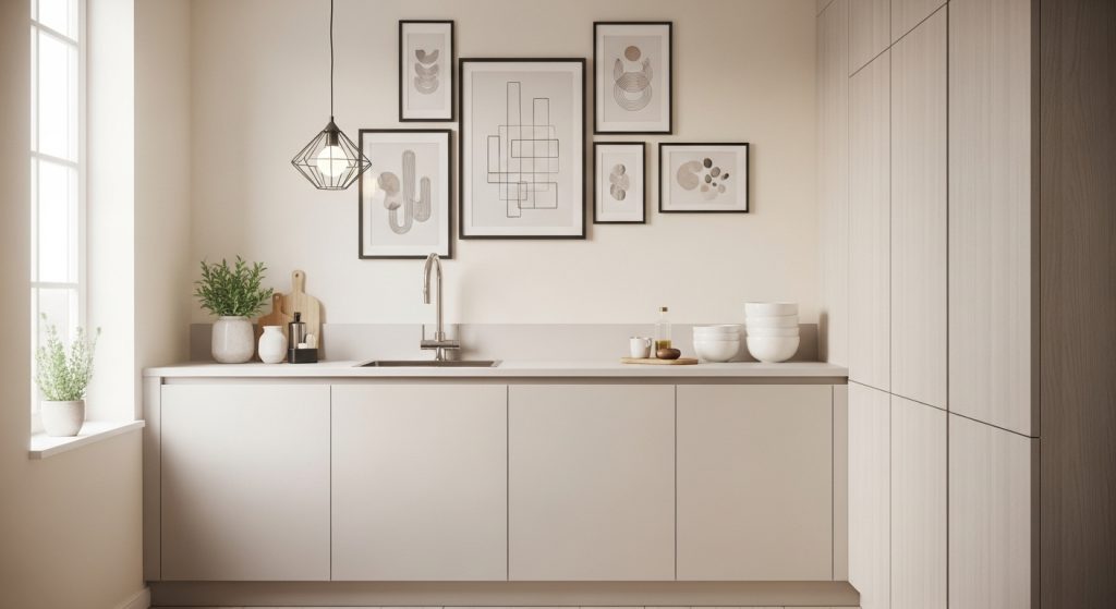 A small kitchen with minimalist framed art above the countertop, featuring soft tones and modern decorative accents.
