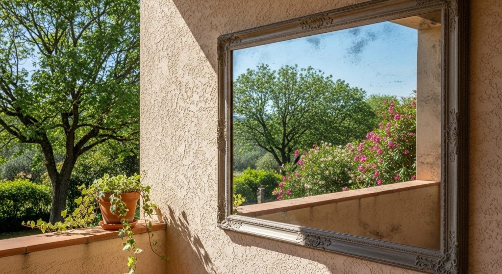 20 Creative Balcony Decoration Ideas You Can Try on a Budget 15 
A large mirror hanging on a balcony wall reflecting greenery and sky, creating a sense of expanded space with beautiful clarity and an eye-catching, airy illusion.