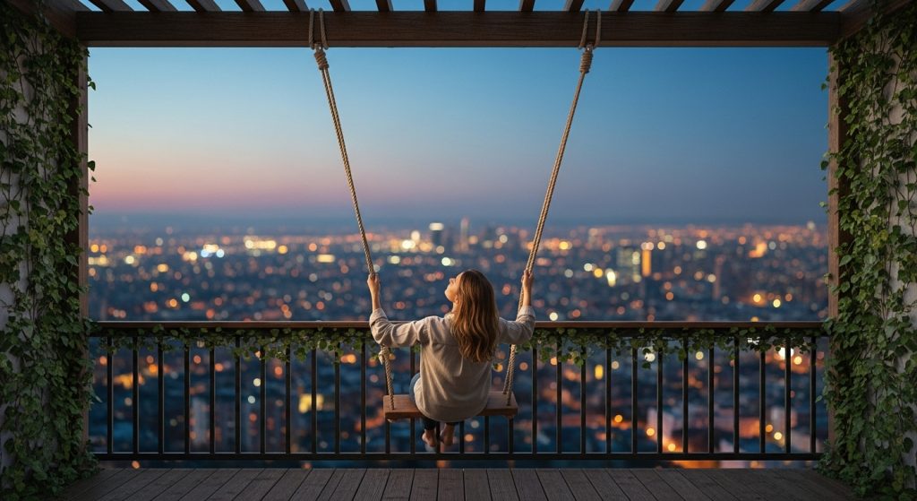 20 Creative Balcony Decoration Ideas You Can Try on a Budget 19 
A simple rope swing hanging from a balcony ceiling with a person lounging, overlooking city lights at twilight, creating a peaceful and dreamy swaying escape.